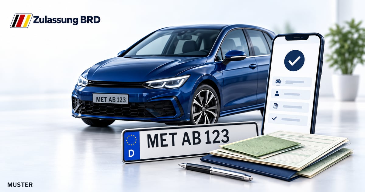 Online Fahrzeugzulassung in Bad Königshofen i.Gr.: Musterkennzeichen MET AB 123, Auto und Fahrzeugpapiere und Smartphone. Illustration mit Logo von Zulassung BRD.